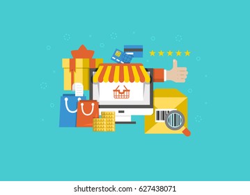 Online Shopping And E-commerce Concept, Web Store Market With Purchasing Product Process Via Internet. Flat Design Style Modern Vector Illustration. Isolated On Stylish Background.