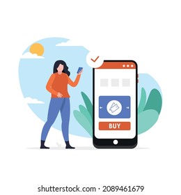 Online shopping and e-commerce concept. Website and landing page template design. woman shopping in mobile device vector illustration