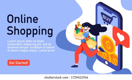 Online shopping and e-commerce concept.Girl ordering and paying food online.Girl with a paper bag full of food.
