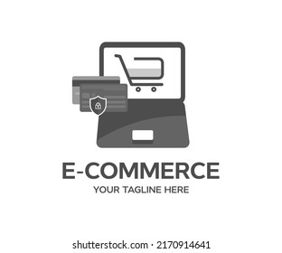 Online shopping, e-commerce and customer experience concept logo design. E-commerce add to cart online shopping business technology internet concept vector design and illustration.