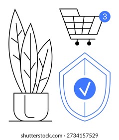 Online shopping, e-commerce, cybersecurity, digital transactions, consumer protection, modern retail. A shopping cart, shield with checkmark and a plant. E-commerce and cybersecurity concept