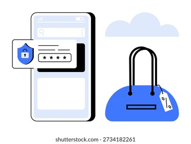 Compras en línea, comercio electrónico, ciberseguridad, protección móvil, verificación de identidad, almacenamiento en la nube. Un smartphone con seguridad de Contraseña y una bolsa de compras. Concepto de compras en línea y ciberseguridad