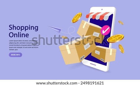 Online shopping and e-commerce delivery concept. Cardboard boxes and parcels are shipped from a smartphone store after a successful purchase, representing fast shipping and order fulfillment.
