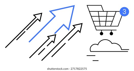 Compras on-line, desenvolvimento de comércio eletrônico, crescimento dos negócios, marketing digital, tendências de varejo, sucesso de vendas. Setas apontando para cima ao lado de um carrinho de compras com notificação. Comércio eletrônico e negócios