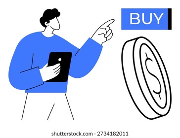 Online shopping, e-commerce, digital payments, financial technology, consumer habits, spending decisions. Person holding tablet pointing to buy button with coin. Online shopping and e-commerce