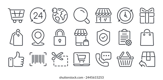 Online shopping and e-commerce editable stroke outline icons set isolated on white background flat vector illustration. Pixel perfect. 64 x 64