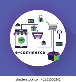 Compras en línea, comercio electrónico. Elementos gráficos de diseño plano