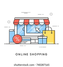 Online Shopping, E-commerce. Flat Line Art Style Concept. Vector Banner, Icon, Illustration. Editable Stroke.