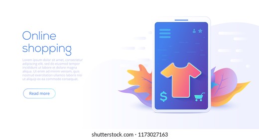 Online shopping or e-commerce flat vector illustration. Internet store checkput procedure concept with smartphone and bag. Credit card payment transaction via app.