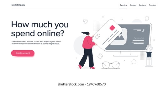 Online shopping or e-commerce in flat vector illustration. Woman paying though internet store checkout with smartphone. Credit card payment transaction.