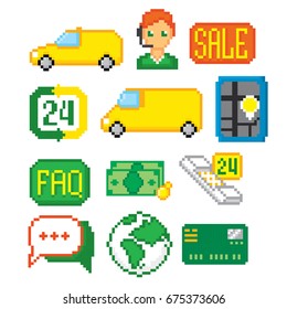 Online shopping e-commerce icon set. Pixel art. Old school computer graphic style. Games elements.