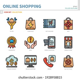 online shopping and e-commerce icon set,filled outline style,vector and illustration