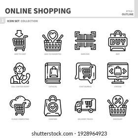 online shopping and e-commerce icon set,outline style,vector and illustration