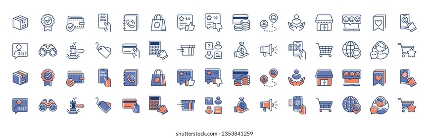 Online shopping and E-commerce icon vector set. Marketing, sales, payment, discount, delivery, cart, and online wallet symbol illustration