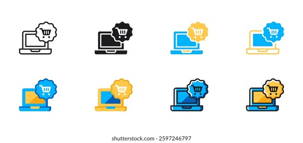 Online shopping ecommerce icon. Vector illustration of digital buying concept with shopping cart and mobile device. Suitable for business, marketing, and retail-related designs.