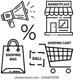 Online Shopping and E-commerce Icons - Promotion, Shopping Cart, Marketplace, Discount, and Bag