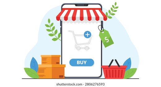 Online Shopping And Ecommerce Illustration Featuring Mobile Storefront Digital Purchasing Payment Solutions And Retail Business Concept For Modern Commercial Services