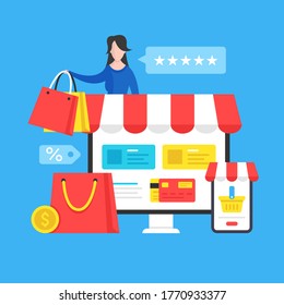 Online shopping. Ecommerce, internet retail, e-commerce, marketplace, online store concepts. Modern flat design graphic elements. Vector illustration