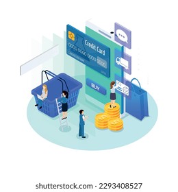 Concepto isométrico de ecommerce de compras en línea con tarjeta de crédito de cesta pequeños personajes humanos de los clientes Ilustración vectorial 3d