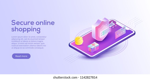 Online shopping or e-commerce isometric vector illustration. Internet store payment procedure  concept with smartphone and gift box. Secure bank transaction app with password verification.