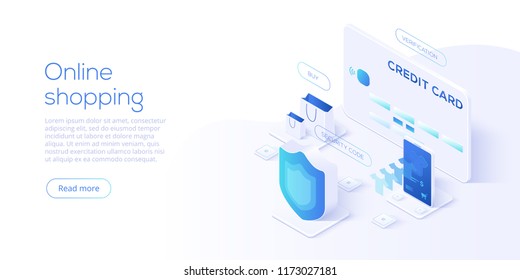 Online shopping or e-commerce isometric vector illustration. Internet store checkput procedure  concept with smartphone and bag. Credit card payment transaction via app.