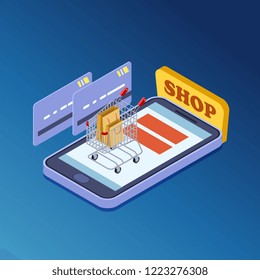 Online shopping, e-commerce isometric vector illustration concept