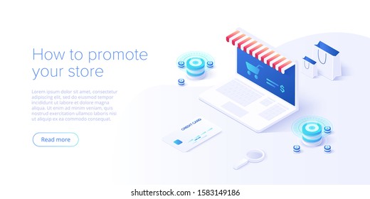 Online Shopping Or E-commerce Isometric Vector Illustration. Internet Store Checkput Procedure Concept With Smartphone And Bag. Credit Card Payment Transaction Via App.