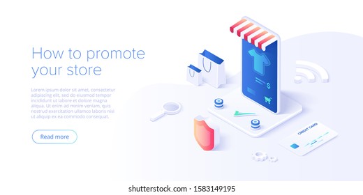Online shopping or e-commerce isometric vector illustration. Internet store checkput procedure concept with smartphone and bag. Credit card payment transaction via app.