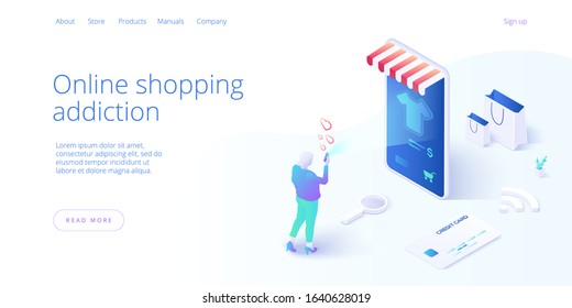 Online shopping or e-commerce isometric vector illustration. Internet store checkput procedure concept with smartphone and bag. Credit card payment transaction via app.