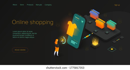 Compra en línea o comercio electrónico ilustraciones vectoriales isométricas. Concepto de procedimiento de comprobación de tienda de Internet con smartphone y bolsa. Transacción de pago con tarjeta de crédito a través de la aplicación.