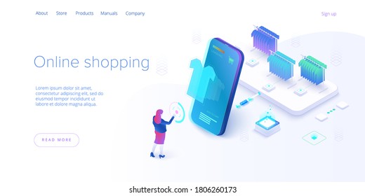 Online shopping or e-commerce isometric vector illustration. Internet store checkput procedure concept with smartphone and bag. Credit card payment transaction via app.