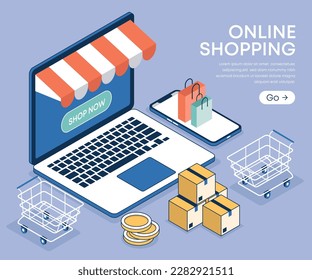 Online shopping, ecommerce isometric vector. laptop, smartphone, shopping bag, cart, coin, box illustration. suitable for many purposes. icon of marketplace with box and bucket beside modern laptop