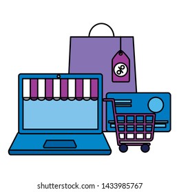 online shopping ecommerce laptop bank card cart bag offer vector illustration