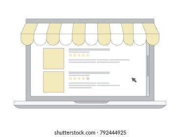 The online shopping e-commerce laptop line icon with computer cursor and ranking star