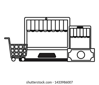 online shopping ecommerce laptop smartphone cart money vector illustration