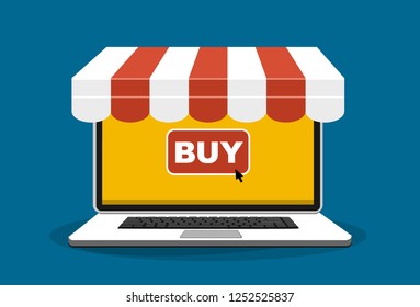 Online shopping, ecommerce. Laptop with storefront awning and buy button on screen. Marketplace, e-commerce, buy online concepts. Modern flat design. Vector illustration