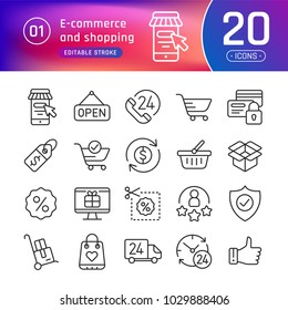 Online shopping and e-commerce line icons set. Pictogram collection suitable for banner, mobile application, website. Editable stroke