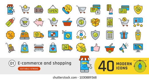 Online shopping and e-commerce line icons set. Pictogram collection suitable for banner, mobile application, website. Editable stroke