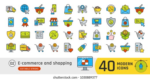 Online shopping and e-commerce line icons set. Pictogram collection suitable for banner, mobile application, website. Editable stroke