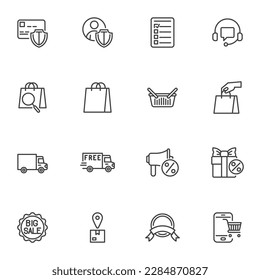 Online shopping and ecommerce line icons set, outline vector symbol collection, linear style pictogram pack. Signs, logo illustration. Set includes icons as free shipping, delivery service, discount