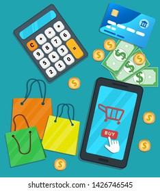 Online shopping e-commerce mobile app. Flat smartphone with cart icon and cursor pointer clicking buy button on screen. Table with credit card, calculator, shopping bags, cash, coins and cup coffee