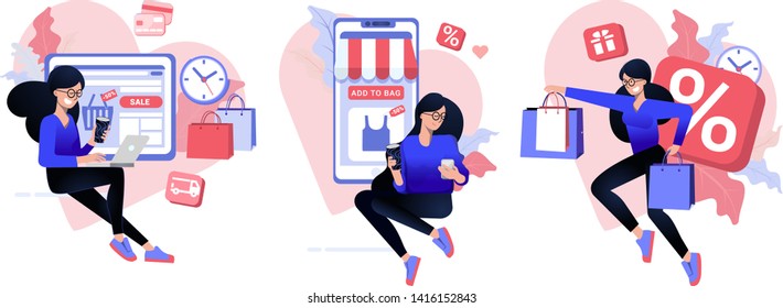 Online shopping e-commerce mobile payment and successful business concept banner set