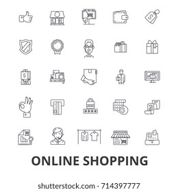 Online shopping, ecommerce, mobile store, cart, bag, buying, marketing, purchase line icons. Editable strokes. Flat design vector illustration symbol concept. Linear signs isolated