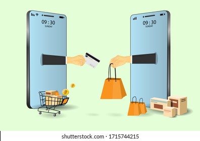 Online shopping, e-commerce, Modern marketing on mobile. hand holding shopping bag and credit card from screen mobile and global network, concept for shopping and payments online.  vector illustration