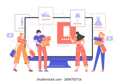 Online shopping and e-commerce. Monitor with an online store, product cards with goods rankings, a girl makes a purchase. Buyers with bags and gift boxes. Vector flat illustration.