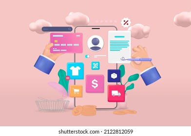 Online Shopping And E-commerce On Mobile Phone App Or Website. Online Payment And Delivery, Contract Signing, Online Store Interface, Bank Card And Icons. Cartoon 3D Realistic Illustration. Vector	
