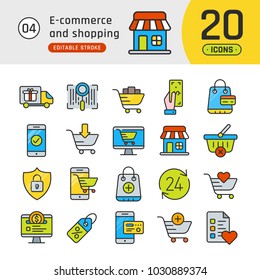 Online shopping and e-commerce outline gradient icons set. Suitable for banners, mobile apps and presentation. Editable stroke