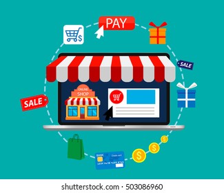 Online shopping. E-commerce pay and online shopping. Mobile shopping concept. Vector illustration.