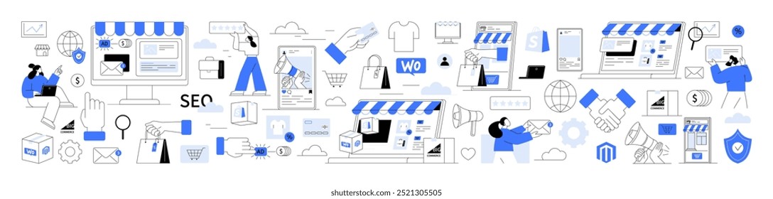 Online Shopping, E-commerce Platform, Digital Marketing. Ecommerce elements online stores, SEO, email marketing, platforms, payment methods. Marketing strategies, digital payments product advertising