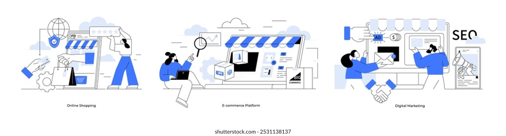 Compras en línea, plataforma de comercio electrónico, marketing digital. Entrega de comercio electrónico. Ideal para promover el comercio electrónico, la logística, las estrategias de marketing digital, las empresas en línea y los servicios de SEO. Metáfora azul